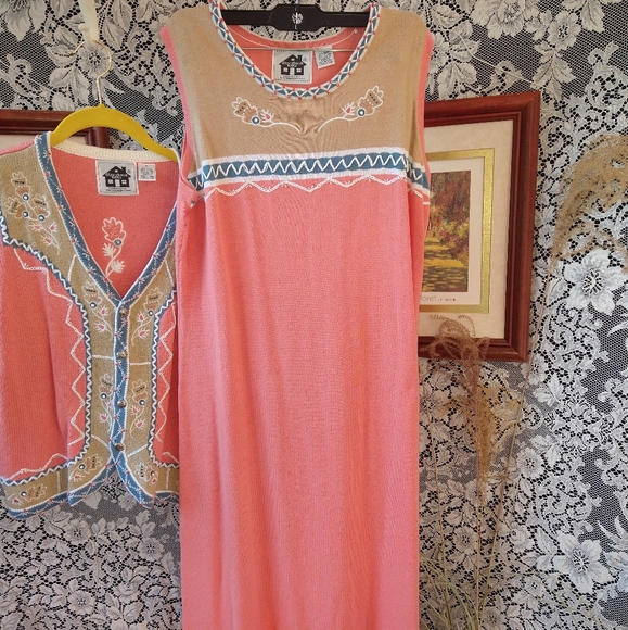 Storybook Knits orange beige coordinating knit dress cardigan beads embroidery - Picture 5 of 11